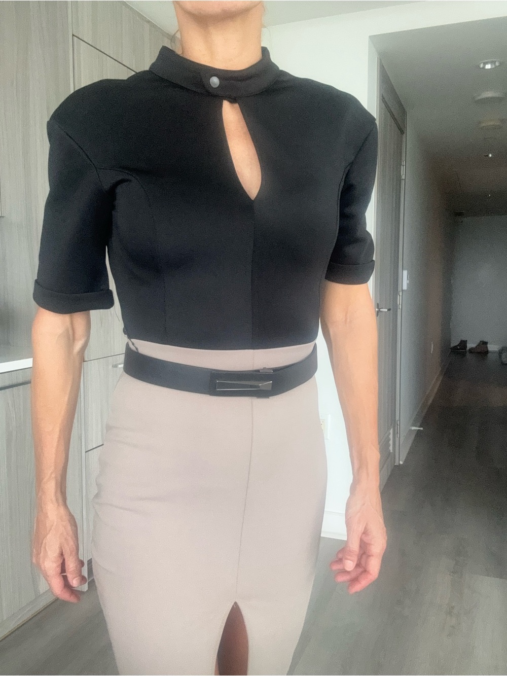 Victoria Beckham Black and Taupe Two-Tone Long Sleeve Dress